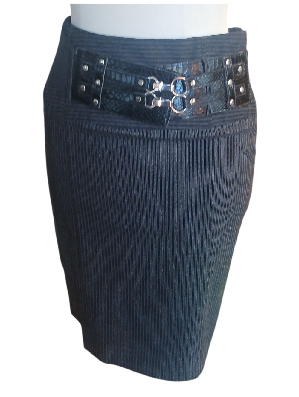 Pin Striped Pencil Skirt with Decorative Buckle Waistband